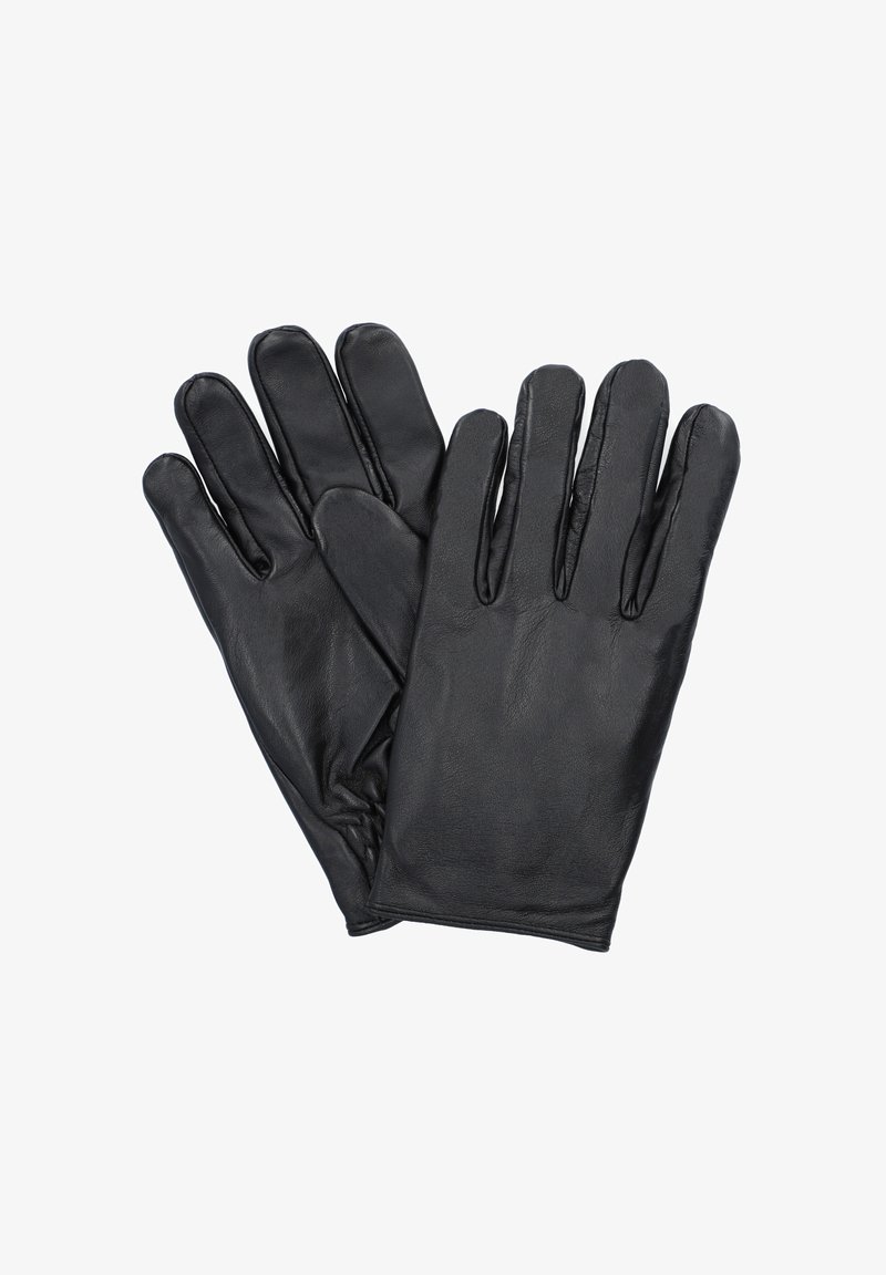 Czarne skórzane rękawiczki o gładkiej fakturze, z designem na pięć palców i dopasowanym nadgarstkiem. Prosta, nieozdobiona konstrukcja.