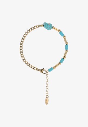 Brățară cu lanț auriu cu pietre turcoaz și bile aurii, prevăzută cu închizătoare lobster și lanț reglabil cu etichetă mică.