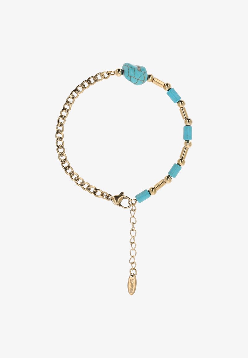 Brățară cu lanț auriu cu pietre turcoaz și bile aurii, prevăzută cu închizătoare lobster și lanț reglabil cu etichetă mică.