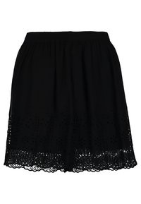 Svart knä-lång kjol med elastisk midja. Har blomsterbroderi och scallop-lace kant vid fållen. Lättviktsmaterial.