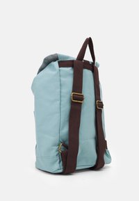 Hellblauer Rucksack mit dunkelbraunen verstellbaren Trägern und einem oberen Griff, von hinten auf einem weißen Hintergrund gezeigt.