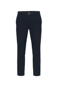 Granatowe spodnie z lekkiego materiału, z zapięciem na guzik z przodu, pętelkami na pasek i slim fit, bez wzorów.