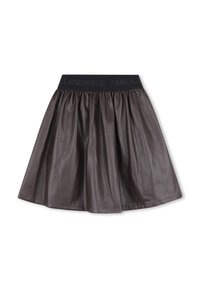 Bruine faux leren rok met een geplooide ontwerp, elastische tailleband met het "LAGERFELD KARL" logo en een subtiele textuurpatroon overal.