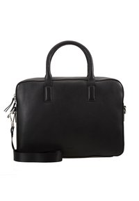 Malette en cuir noir avec double poignée, bandoulière amovible et fermeture éclair, conçue pour un usage professionnel et d'affaires.