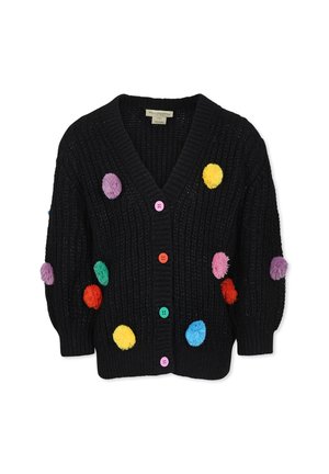 Cardigan lavorato a maglia nera con scollo a V, decorato con pompon colorati e bottoni in rosa, verde, arancione, giallo e blu.