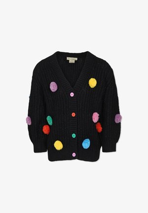 Cardigan lavorato a maglia nera con scollo a V, decorato con pompon colorati e bottoni in rosa, verde, arancione, giallo e blu.