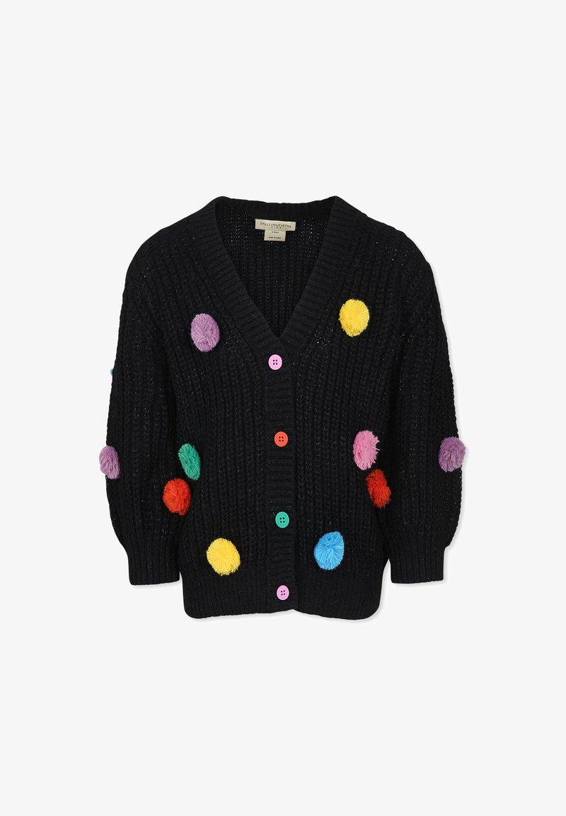 Cardigan lavorato a maglia nera con scollo a V, decorato con pompon colorati e bottoni in rosa, verde, arancione, giallo e blu.