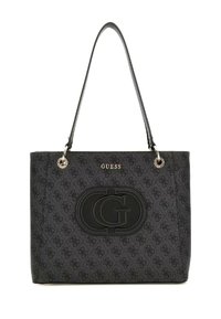 Borsa a spalla nera con tessuto a motivo, caratterizzata da un logo nero prominente, attrezzatura in argento e doppi manici. Forma rettangolare strutturata.
