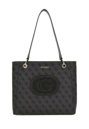 Borsa a spalla nera con tessuto a motivo, caratterizzata da un logo nero prominente, attrezzatura in argento e doppi manici. Forma rettangolare strutturata.