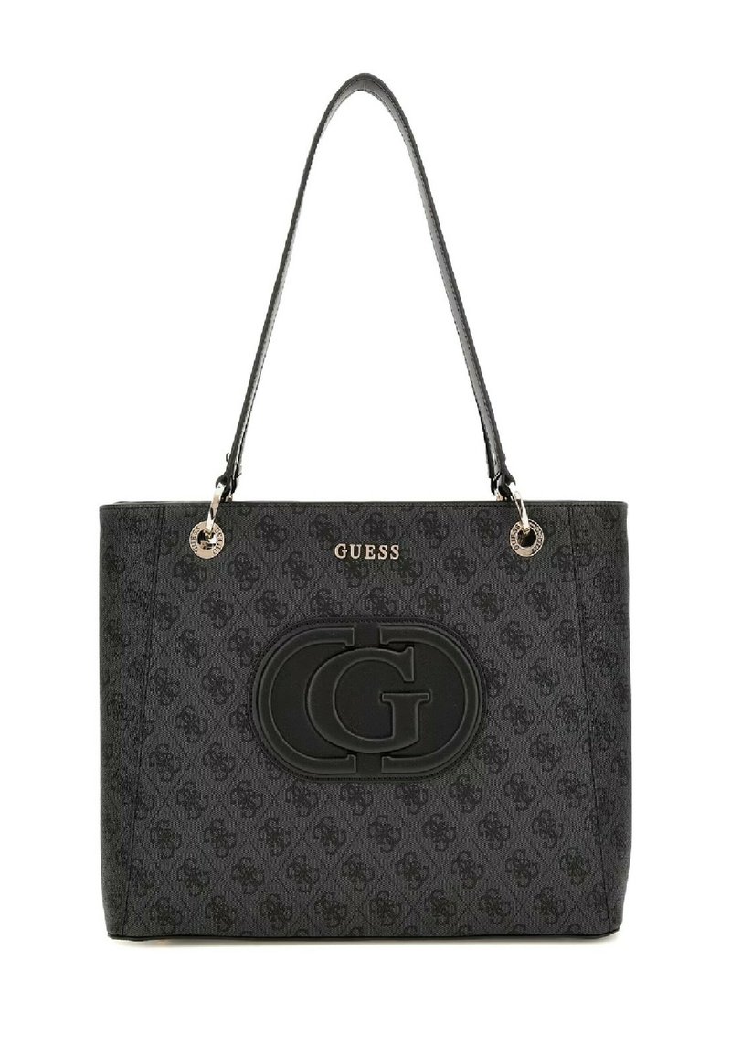 Borsa a spalla nera con tessuto a motivo, caratterizzata da un logo nero prominente, attrezzatura in argento e doppi manici. Forma rettangolare strutturata.