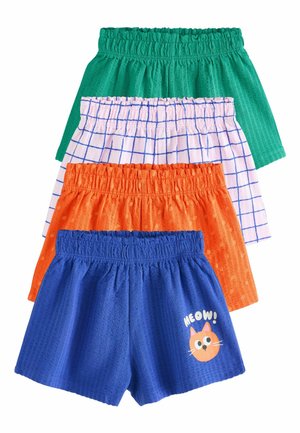 Vier Paar Kindershorts: grün, orange, kariert in Weiß und Blau sowie blau mit Katzenmotiv. Elastischer Bund, unterschiedliche Stoffstrukturen.
