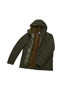 Giacca isolata verde oliva con cappuccio, dotata di una morbida fodera interna marrone, tasche con zip e una superficie esterna liscia.