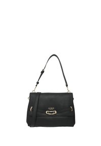 Borsa a tracolla nera in materiale sintetico con design strutturato, tracolla regolabile, particolari in metallo color oro e una fibbia decorativa frontale.