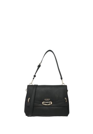 Borsa a tracolla nera in materiale sintetico con design strutturato, tracolla regolabile, particolari in metallo color oro e una fibbia decorativa frontale.