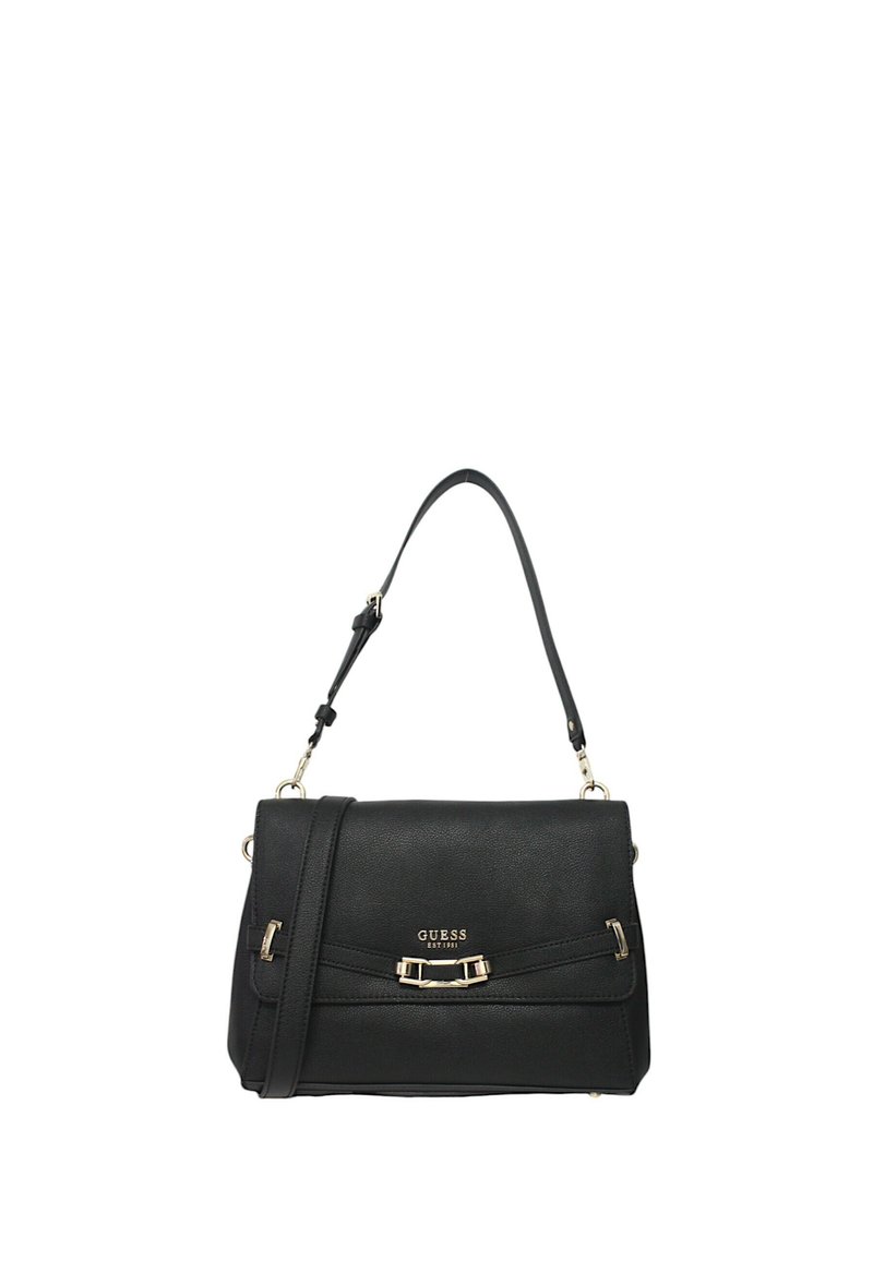 Borsa a tracolla nera in materiale sintetico con design strutturato, tracolla regolabile, particolari in metallo color oro e una fibbia decorativa frontale.
