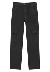 Mustat cargo-housut, jotka on valmistettu kestävästä kankaasta. Niissä on kaksi sivutaskua, kaksi cargo-taskua ja rento malli. Napitus vyötäröllä.