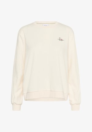 Kreemivärvi sweatshirt pehmest materjalist, millel on pikad varrukad, ümar kaelus ja musta ja pune detailiga brodeeritud "love".
