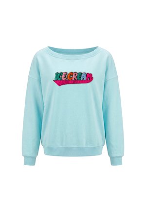 Lyseblå sweatshirt med lange ærmer med farverig tekstur "ICE CREAM" tekst og pink sving på fronten.