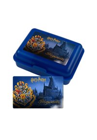 Blaues Kunststoff-Brotbox mit dem Hogwarts-Schloss und dem Wappen auf schwarzem Hintergrund. Enthält eine passende rechteckige Karte.