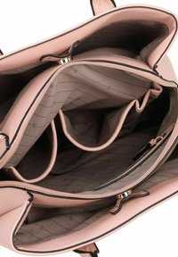 Pink faux leather handbag with black trim, featuring a zip closure, multiple compartments, and a brown patterned interior lining.