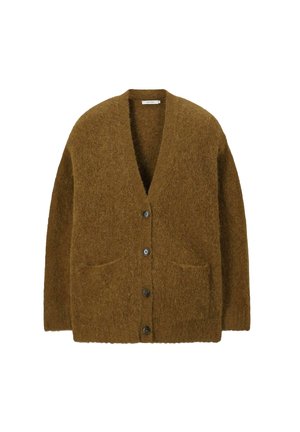 Bruine wollen cardigan met een diepe V-hals, lange mouwen, voorkwasten en vijf zwarte knopen in het midden. Zachte, gestructureerde afwerking.