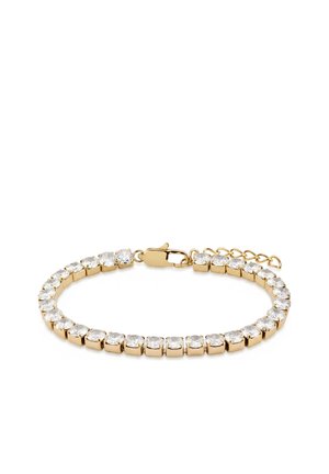 Gold bracelet with clear round gemstones set in individual links and a lobster clasp with adjustable chain on white background.