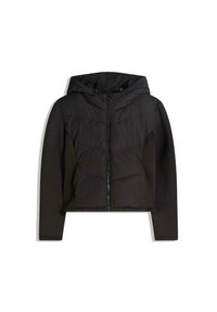 Giacca a vento nera con cappuccio, dotata di chiusura a zip, con texture contrastanti lisce e trapuntate, e cuciture inclinate.