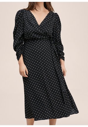 Musta pallokuvioinen kietaisumekko, jossa on puffy-hihat, V-kaula-aukko ja solmittu vyötärö. Kevyt kangas, sileä pinta ja polvipituinen helma.