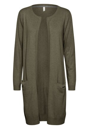 Dlhý olivovozelený kardigán vyrobený z mäkkej pleteniny. Má otvorený predný diel, dlhé rukávy a dve predné vrecká. Hladká textúra s rebrovanými manžetami.