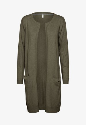 Dlhý olivovozelený kardigán vyrobený z mäkkej pleteniny. Má otvorený predný diel, dlhé rukávy a dve predné vrecká. Hladká textúra s rebrovanými manžetami.