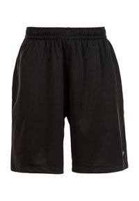 Sorte atletiske shorts fremstillet af åndbart stof, med elastisk talje, løs pasform og subtilt brandlogo på siden.