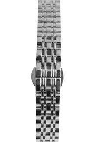 Silverfärgad metallur med en strukturerad länkdesign, som har släta rektangulära länkar och en spänne på ena sidan.