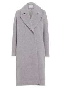 Cappotto grigio in misto lana con rever a punta, maniche lunghe e design aperto. Il tessuto ha una finitura morbida e strutturata.