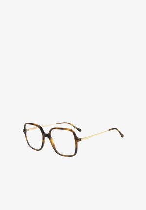 Occhiali quadrati tartarugati con un accento in metallo dorato. Montatura spessa e steli sottili, con motivi sottili.