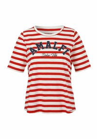 Rot-weißer gestreifter kurzärmeliger T-Shirt mit dem Text "AMALFI Dolce Vita" in Marineblau. Rundhalsausschnitt und lockerer Schnitt. Weiches Baumwollmaterial.