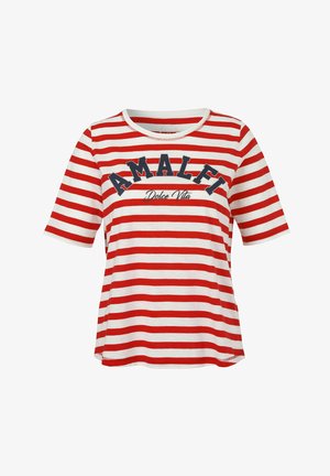 T-shirt à manches courtes rayé rouge et blanc avec le texte "AMALFI Dolce Vita" en bleu marine. Encolure ronde et coupe légèrement ample. Matière en coton douce.