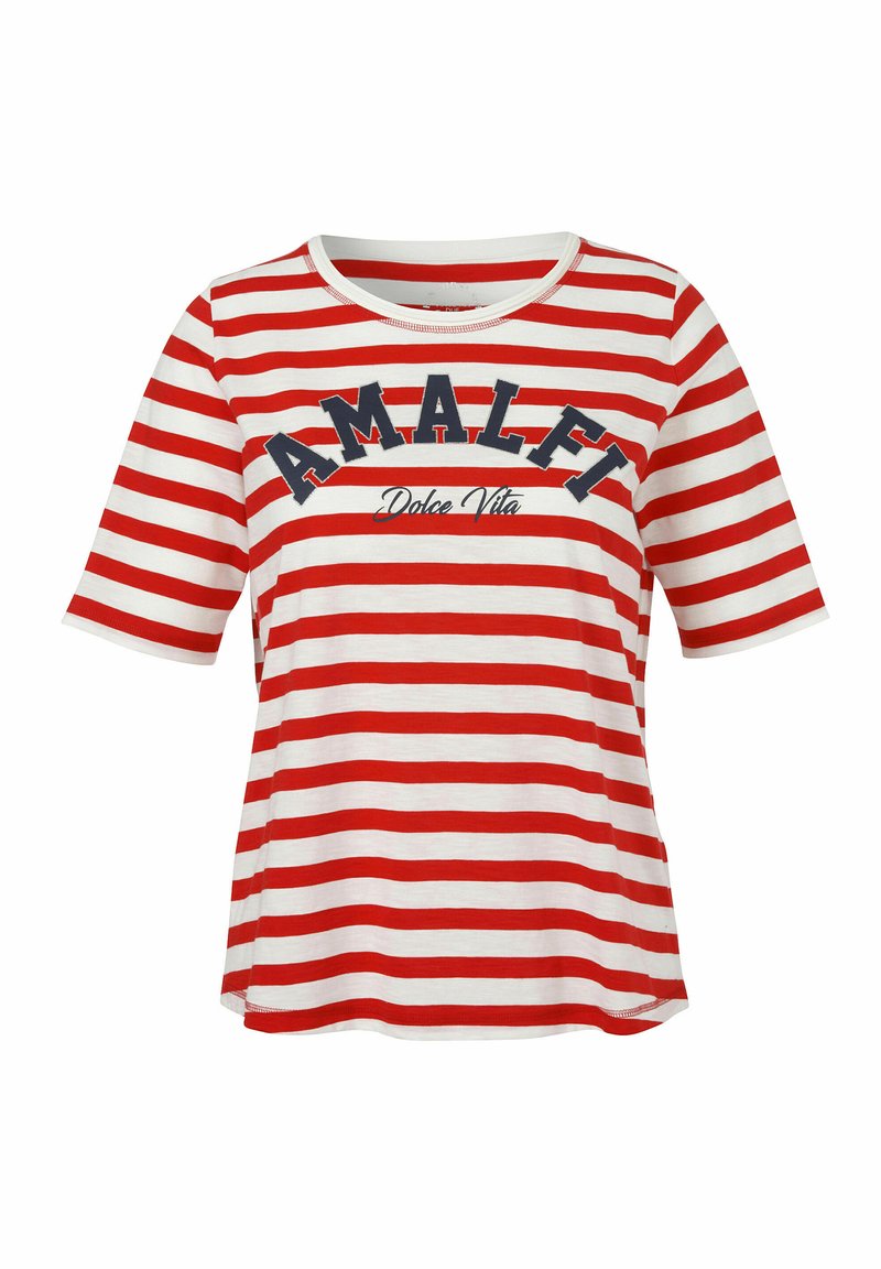 Rot-weißer gestreifter kurzärmeliger T-Shirt mit dem Text "AMALFI Dolce Vita" in Marineblau. Rundhalsausschnitt und lockerer Schnitt. Weiches Baumwollmaterial.