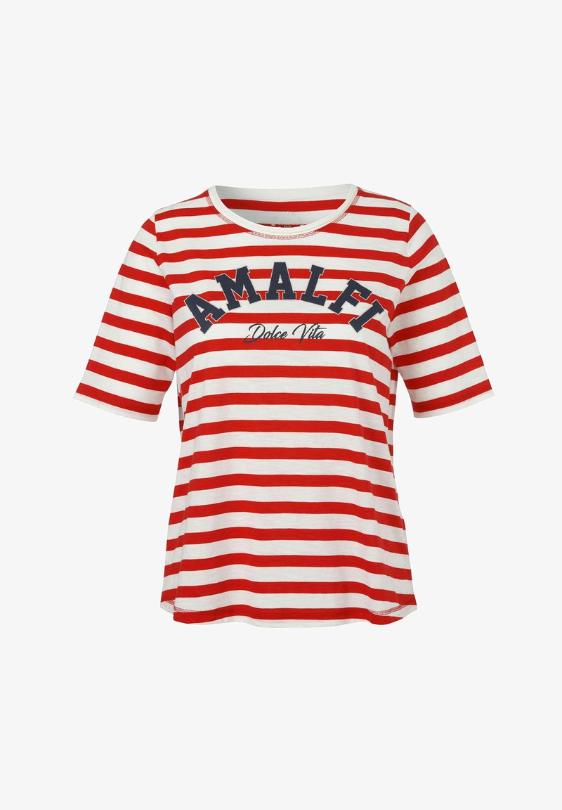 Rot-weißer gestreifter kurzärmeliger T-Shirt mit dem Text "AMALFI Dolce Vita" in Marineblau. Rundhalsausschnitt und lockerer Schnitt. Weiches Baumwollmaterial.