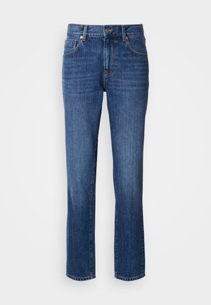 Dunkelblaue Jeans mit klassischem geradem Bein, fünf Taschen und Metallknopfakzenten. Der Stoff hat eine glatte Textur.