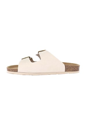 Sandal in beige chiaro con due tagli e fibbie metalliche. Suola in sughero con finitura texturizzata; design piatto per un facile utilizzo.