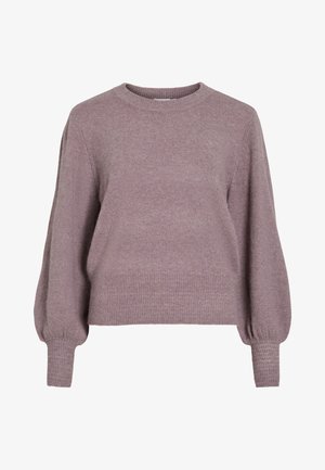 Knitted pullover sweater in soft purple, featuring a crew neck, long balloon sleeves, and a ribbed hem and cuffs for a textured finish.