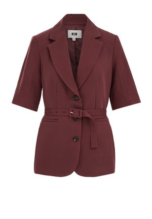 Burgundski blazer s kratkimi rokavi, z zarezanim reverjem, tremi gumbi, stranskimi žepi in usklajenim pasom v pasu.
