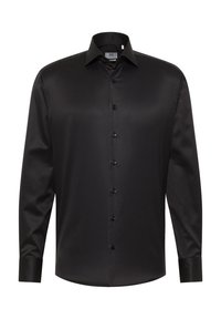 Zwarte lange mouwen button-up shirt in een soepele stof, met een klassieke kraag en frontknopen met bijpassende zwarte hardware.