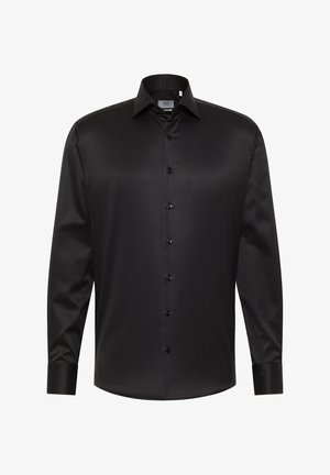 Sort langærmet skjorte med knaplukning i glat stof, med en klassisk krave og forreste knapper med matchende sort hardware.