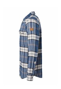 Chemise à manches longues à carreaux bleu, blanc et noir avec poignets boutonnés et poches poitrine, vue de côté.