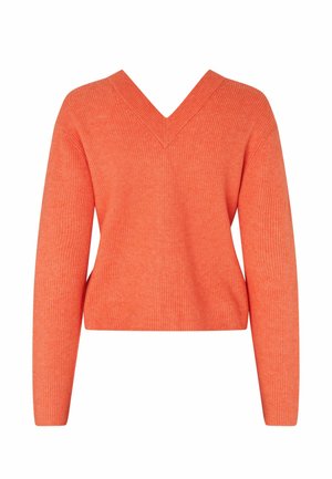 Koralloranž värvi kootud kampsun pikkade varrukatega ja V-kaelusega, esiletõstetud valgel taustal.