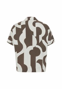 Short-sleeved cropped shirt made of fabric featuring a brown and white abstract pattern with rounded shapes. Classic collar design.