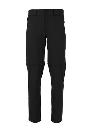 Zwarte, afritsbare outdoorbroek van lichtgewicht stof. Kenmerkt zich door een gestructureerde tailleband met twee knopen en enkels met manchetten voor verstelbare lengte.