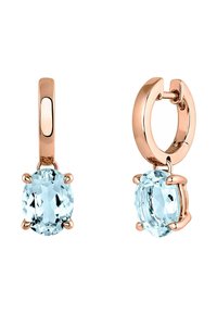 Pendientes de aro en oro rosa con gemas ovaladas de color azul claro, con un acabado suave y engastes de garra seguros.
