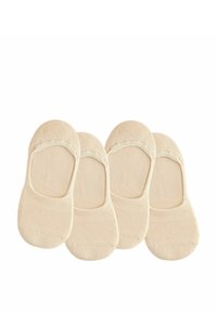 Beige osynliga strumpor tillverkade av mjukt material, med en slip-on design och ribbad elastisk greppkant för komfort. Fyra par ingår.